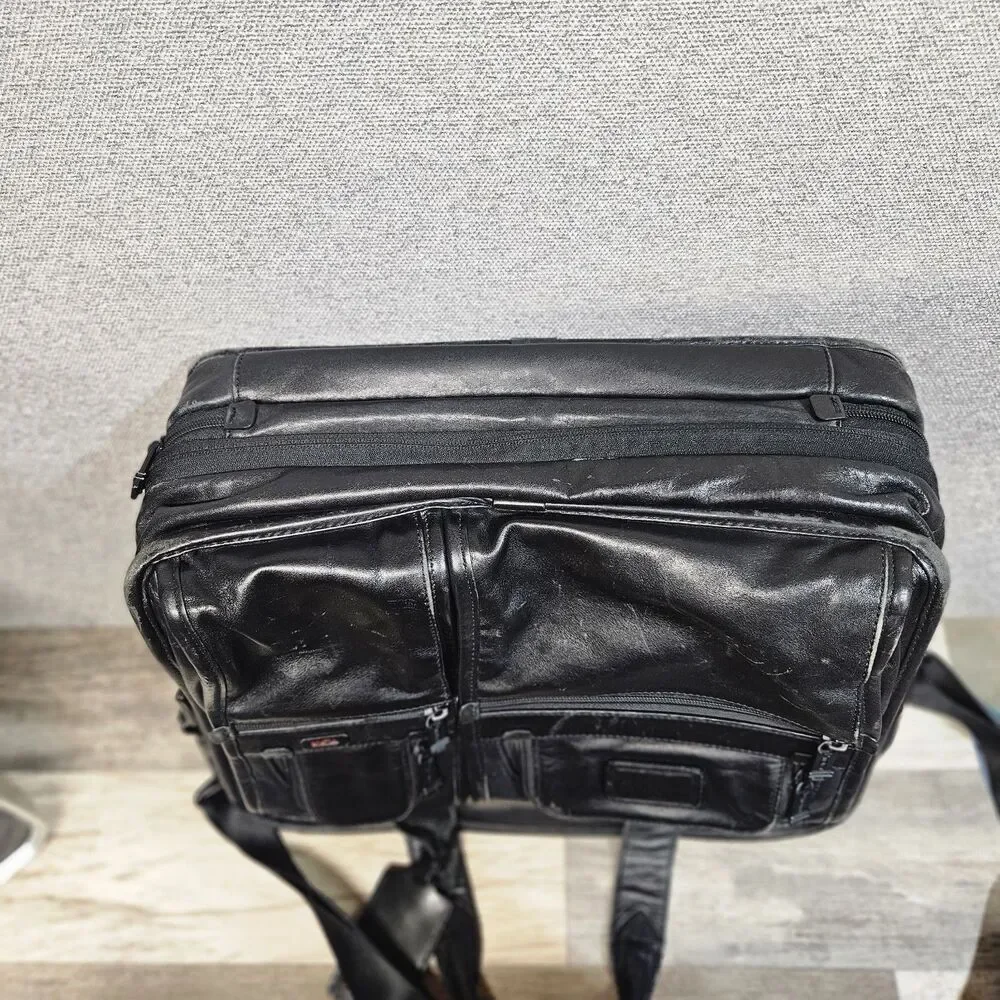 TUMI Black Leather Expandable Laptop Briefcase